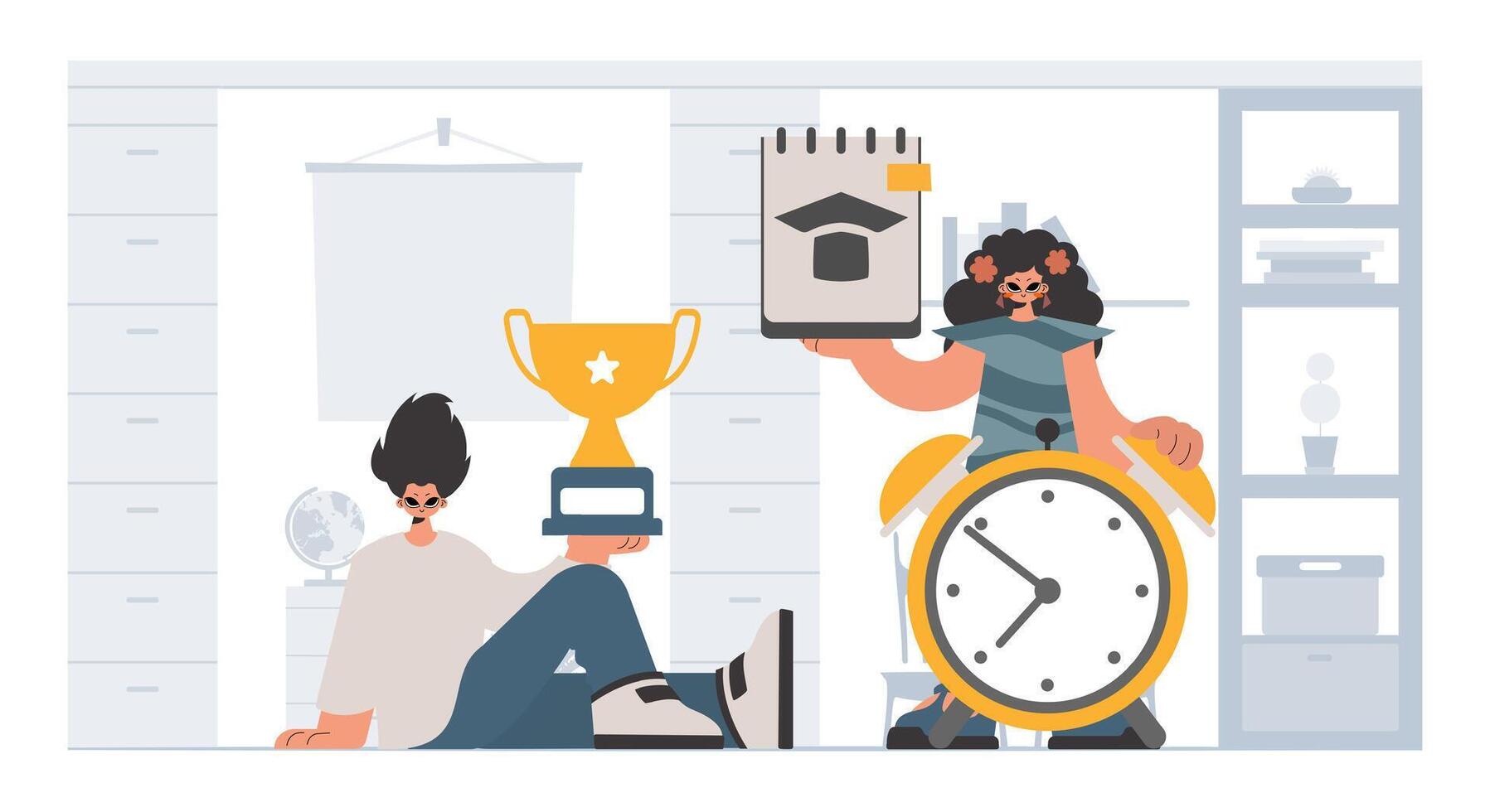 Individual and energized woman school understudies, analyzing to begin with school subjects. Trendy style, Illustration vector