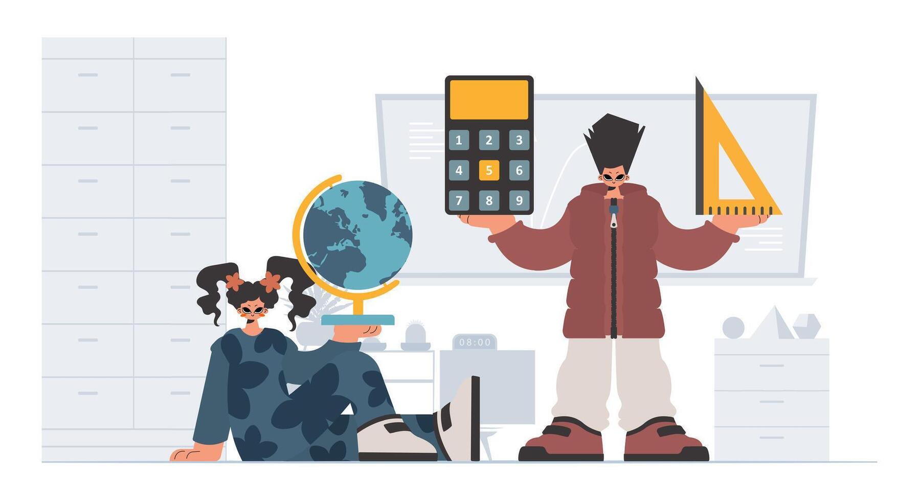 Individual and energized woman school understudies, analyzing to begin with school subjects. Trendy style, Illustration vector