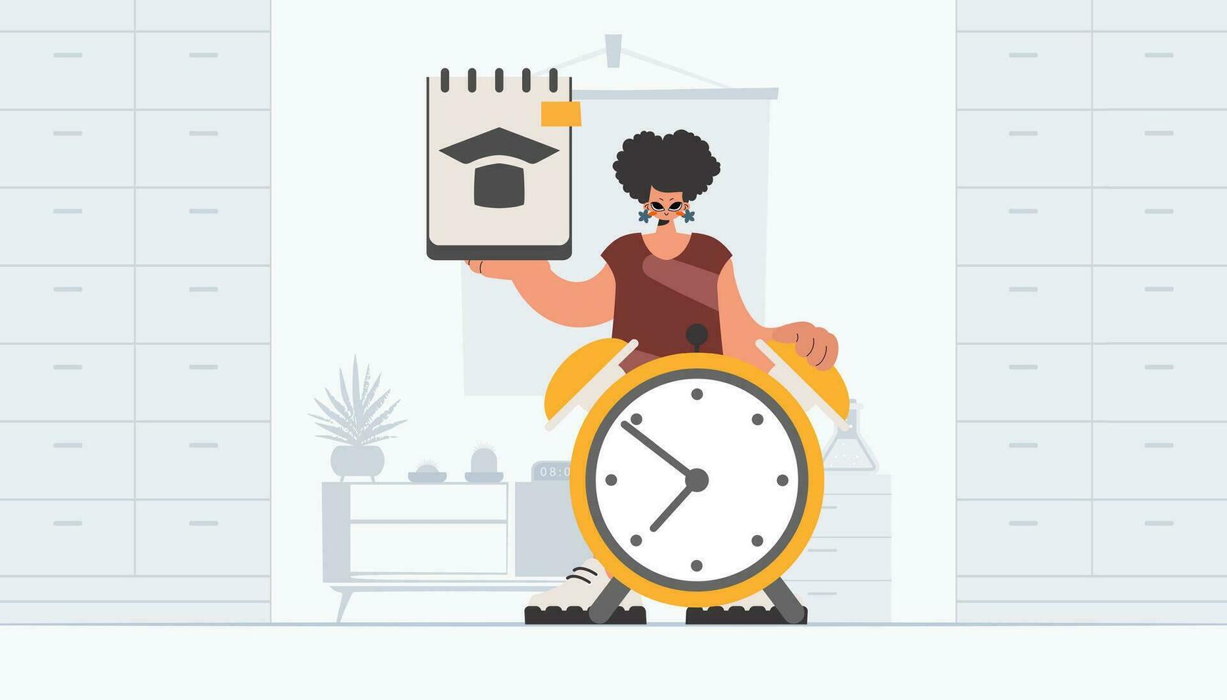 Energized woman with one of a kind and caution clock, learning subject. Trendy style, Vector Illustration