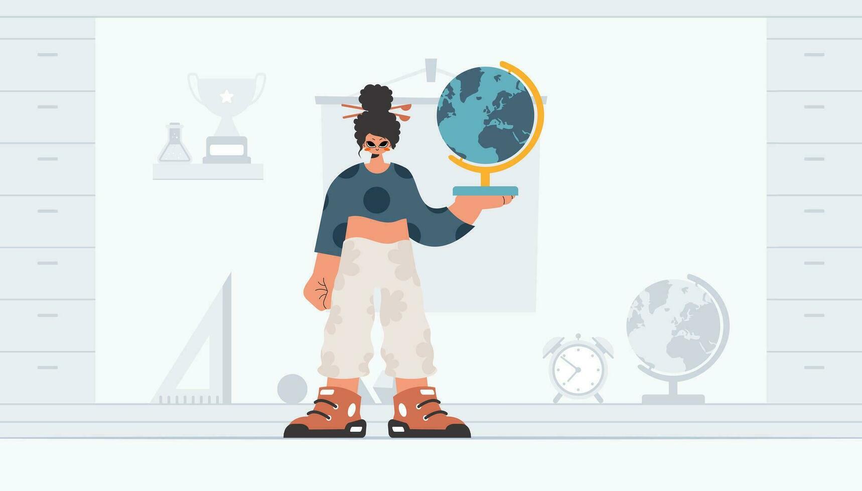 Energized lady holding a colossal globe, learning subject. Trendy style, Vector Illustration