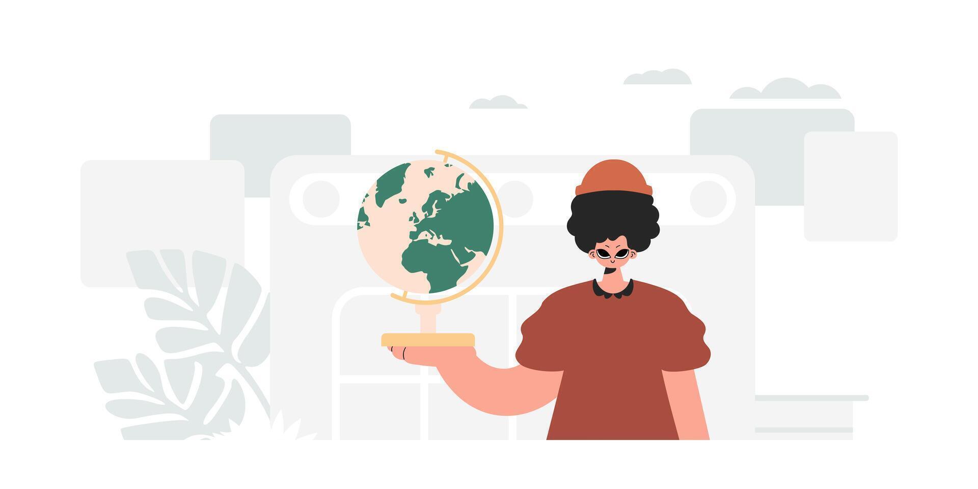 The person is holding a colossal globe, the subject of learning. Trendy style, Vector Illustration