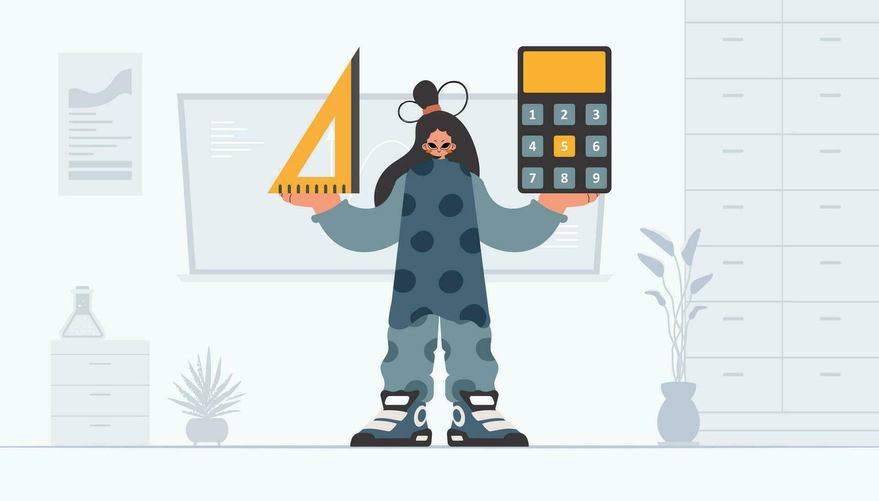 Energized lady holding a ruler and calculator, learning subject. Trendy style, Vector Illustration