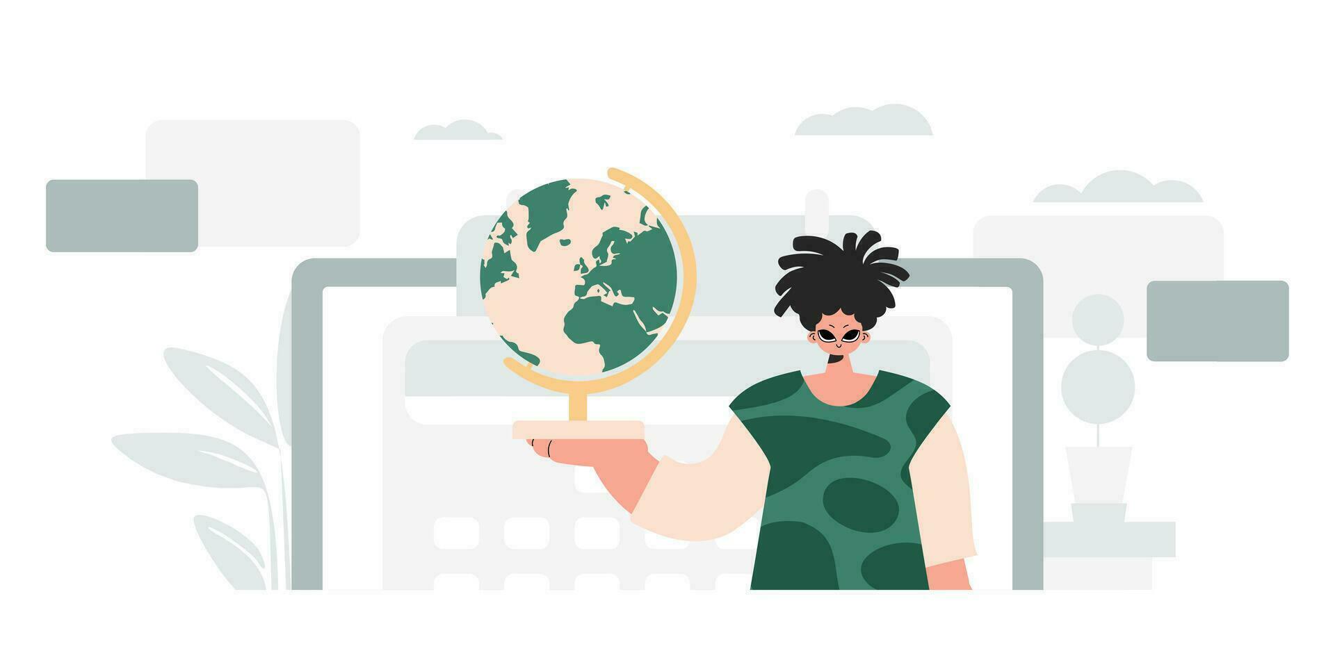 The individual is holding a colossal globe, the subject of learning. Trendy style, Vector Illustration