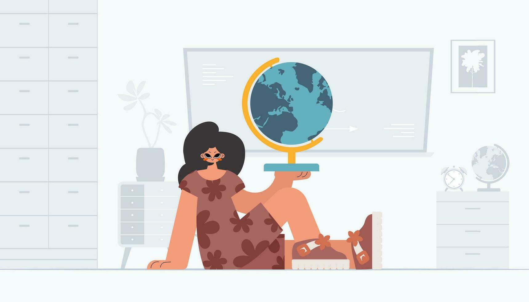 Energized lady holding a colossal globe, learning subject. Trendy style, Vector Illustration