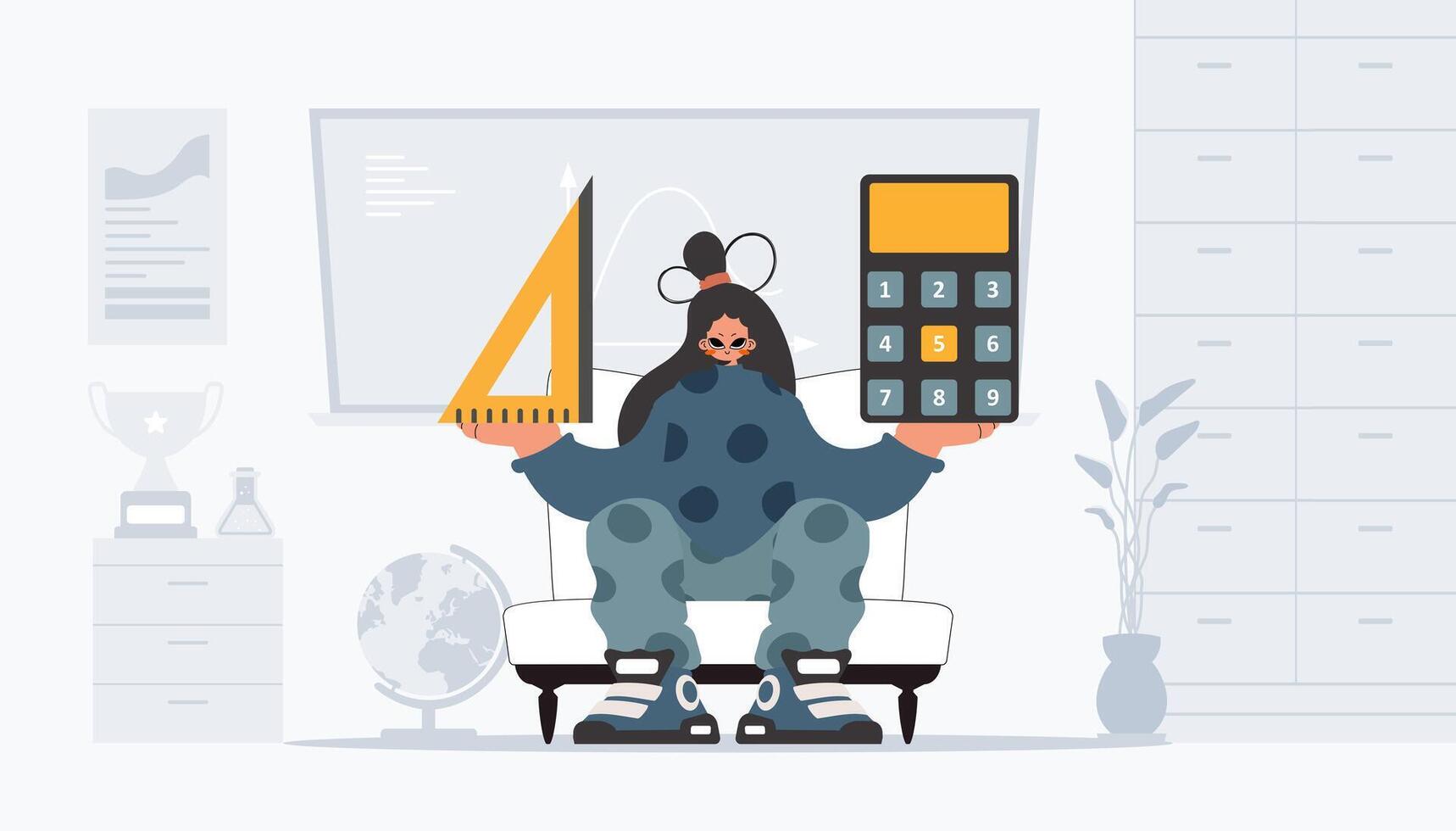 Energetic lady holding a ruler and calculator, learning subject. Trendy style, Illustration vector