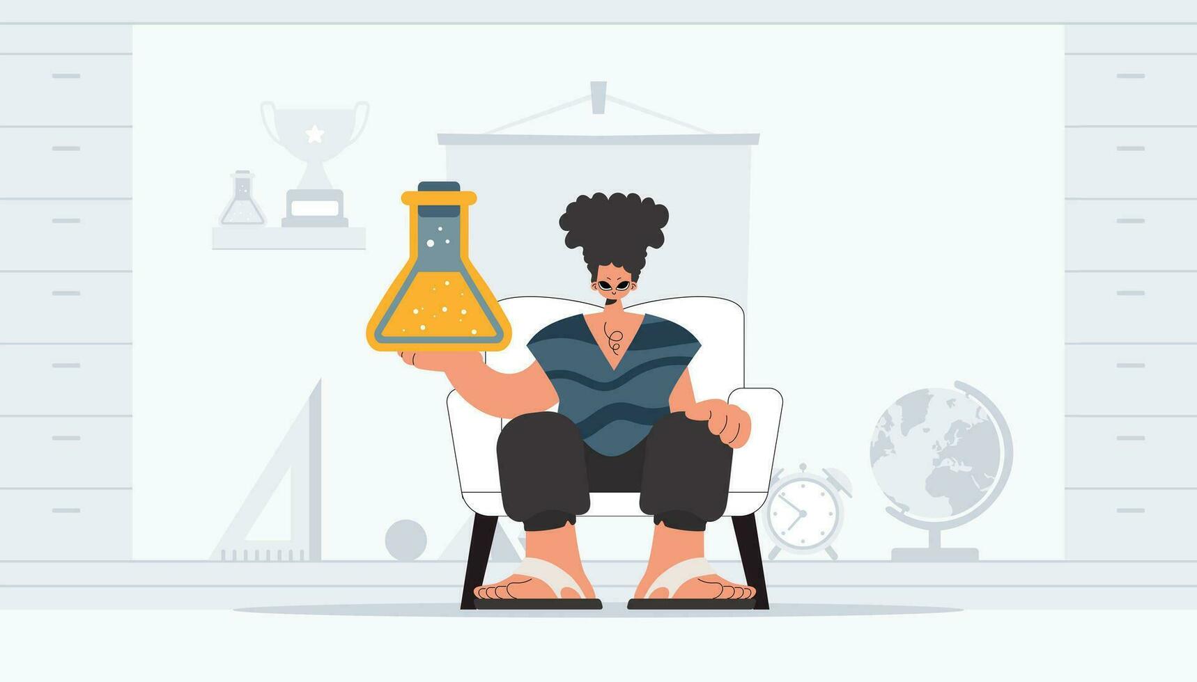 Person holding chemical carafe, learning subject. Trendy style, Vector Illustration