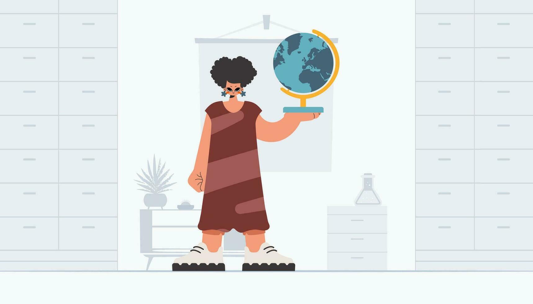 Energized lady holding a colossal globe, learning subject. Trendy style, Vector Illustration