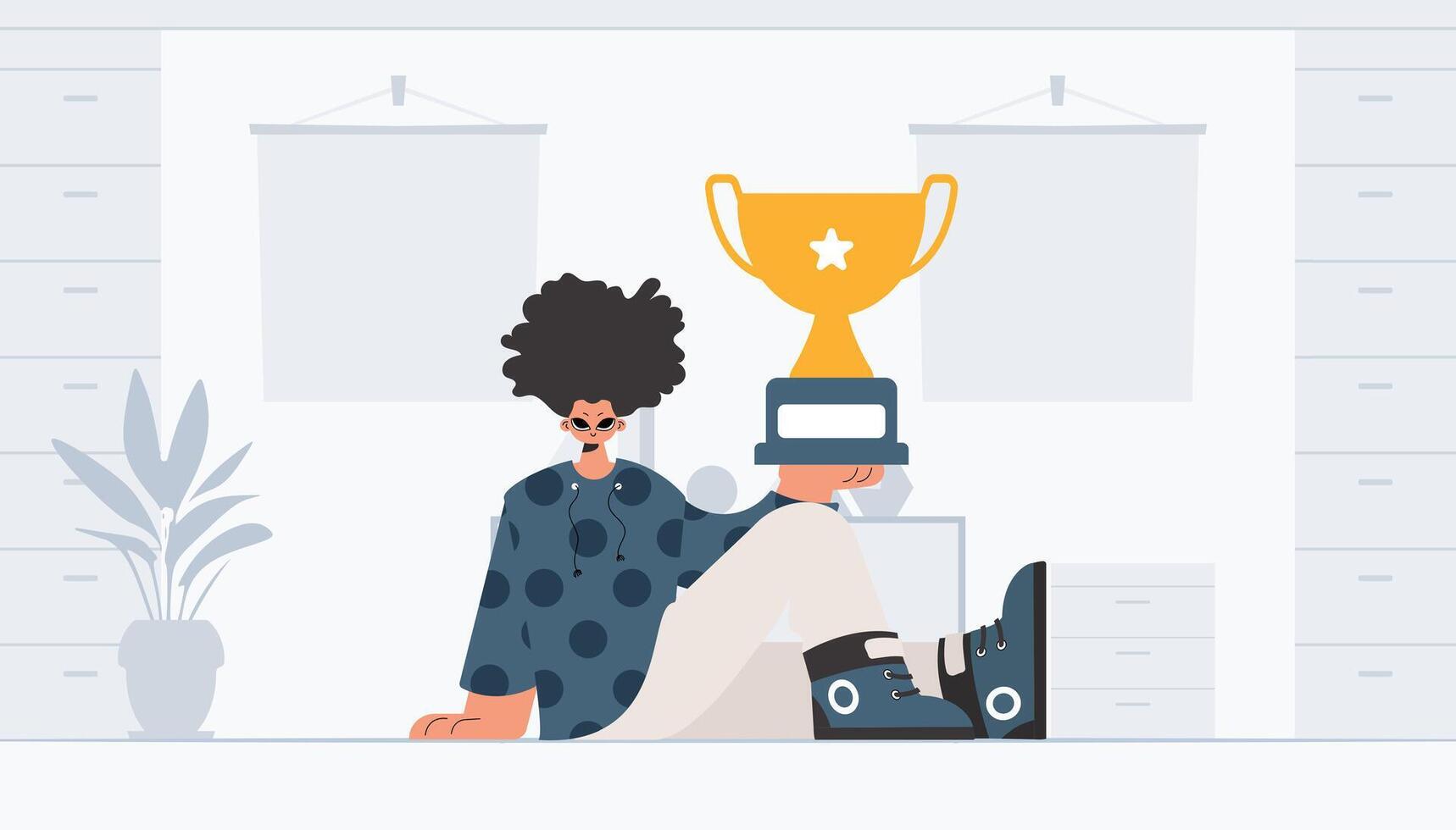 The person holds the holder of the victor. Trendy style, Illustration vector