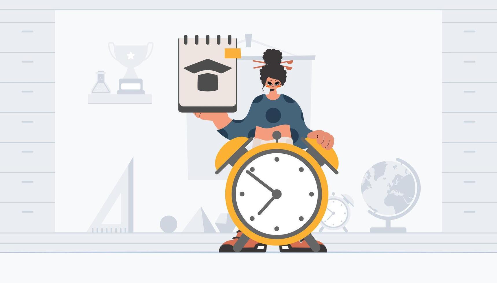 Energetic lady with one of a kind and caution clock, learning subject. Trendy style, Vector Illustration