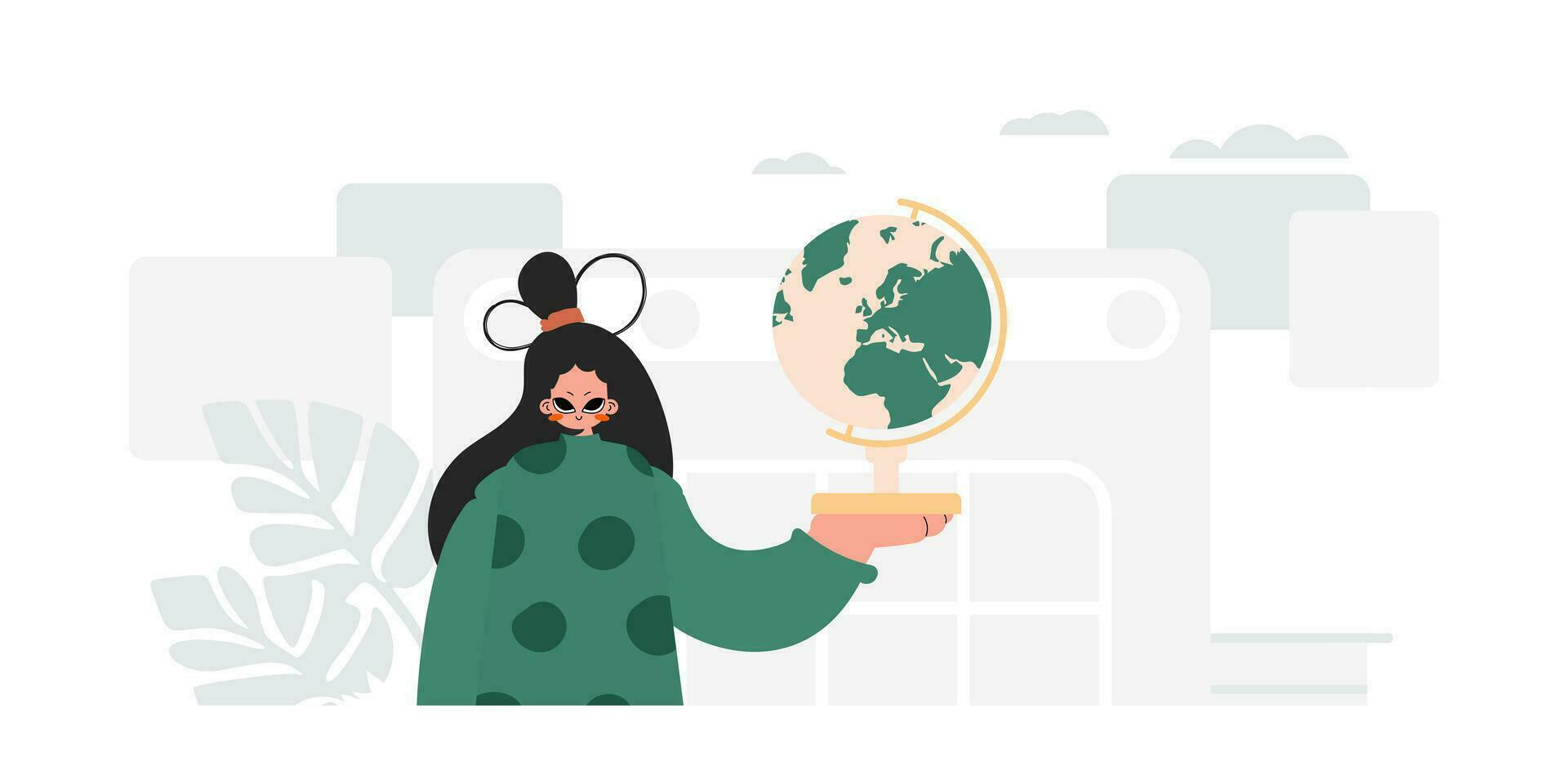 Energized lady holding a colossal globe, learning subject. Trendy style, Vector Illustration