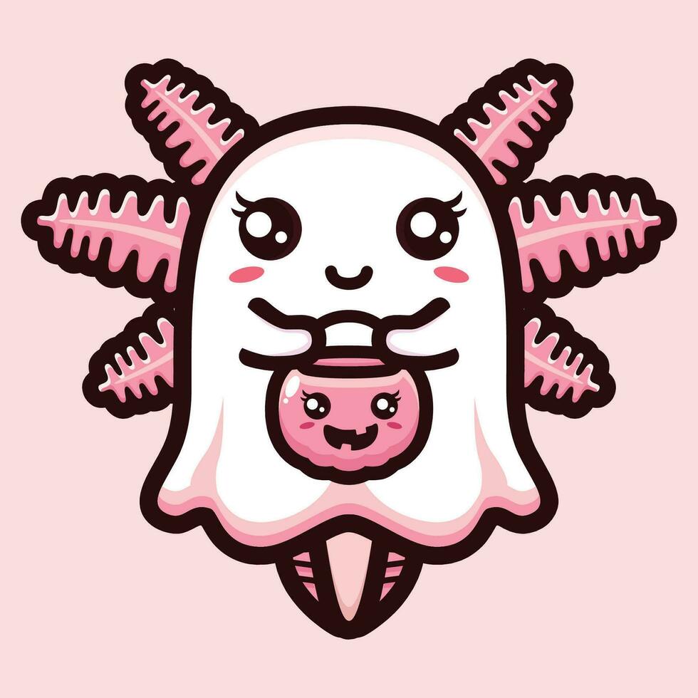 cute axolotl ghost celebrating halloween vector