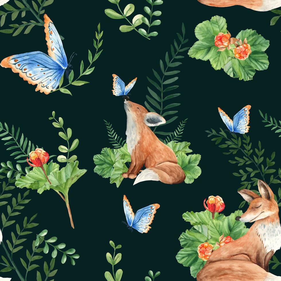 Seamless watercolor pattern with mother and baby fox, cloudberry leaves and berries, fern, green branches, blue butterfly on black background. Botanical summer hand drawn illustration. vector