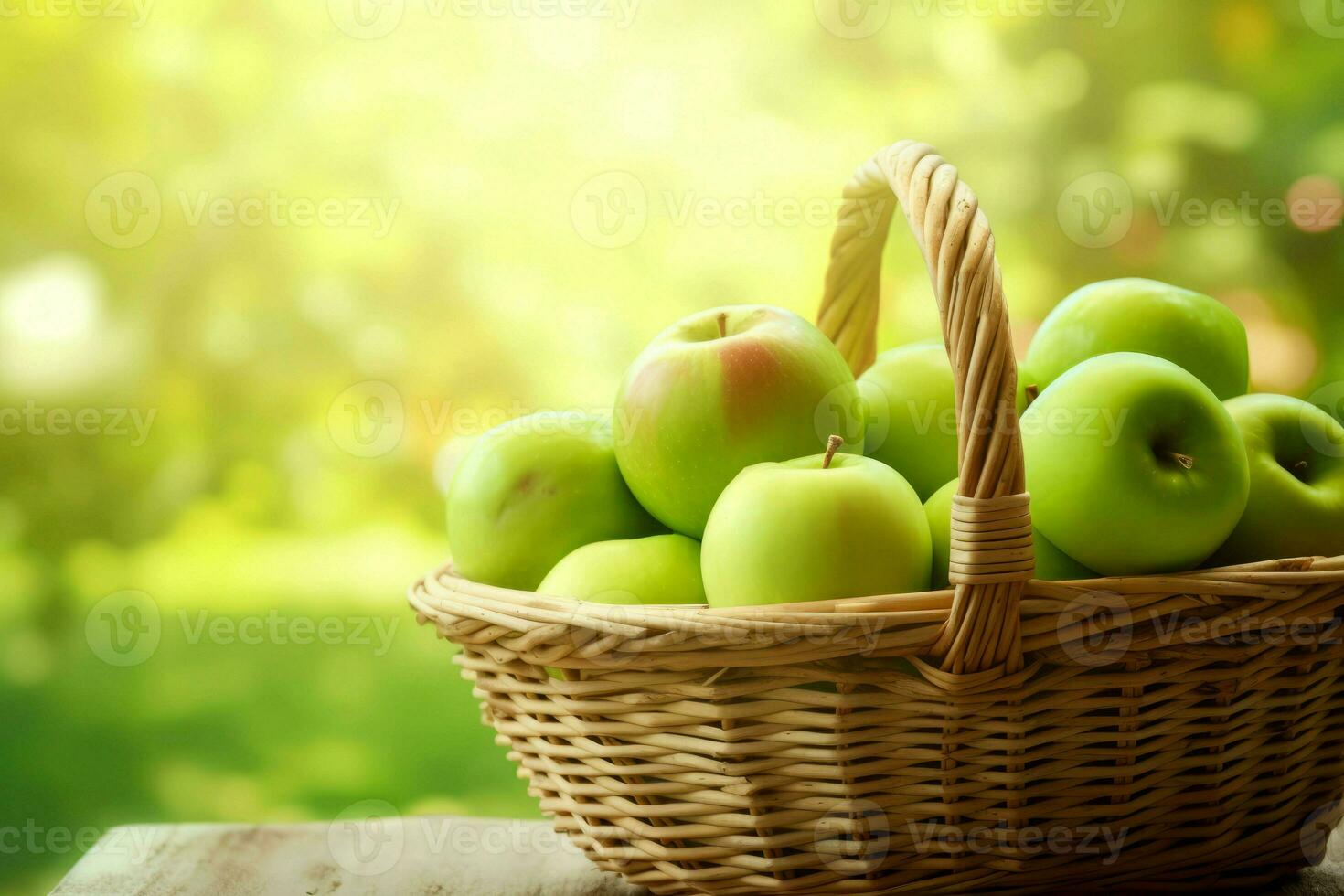 Green apples basket food. Generate Ai photo