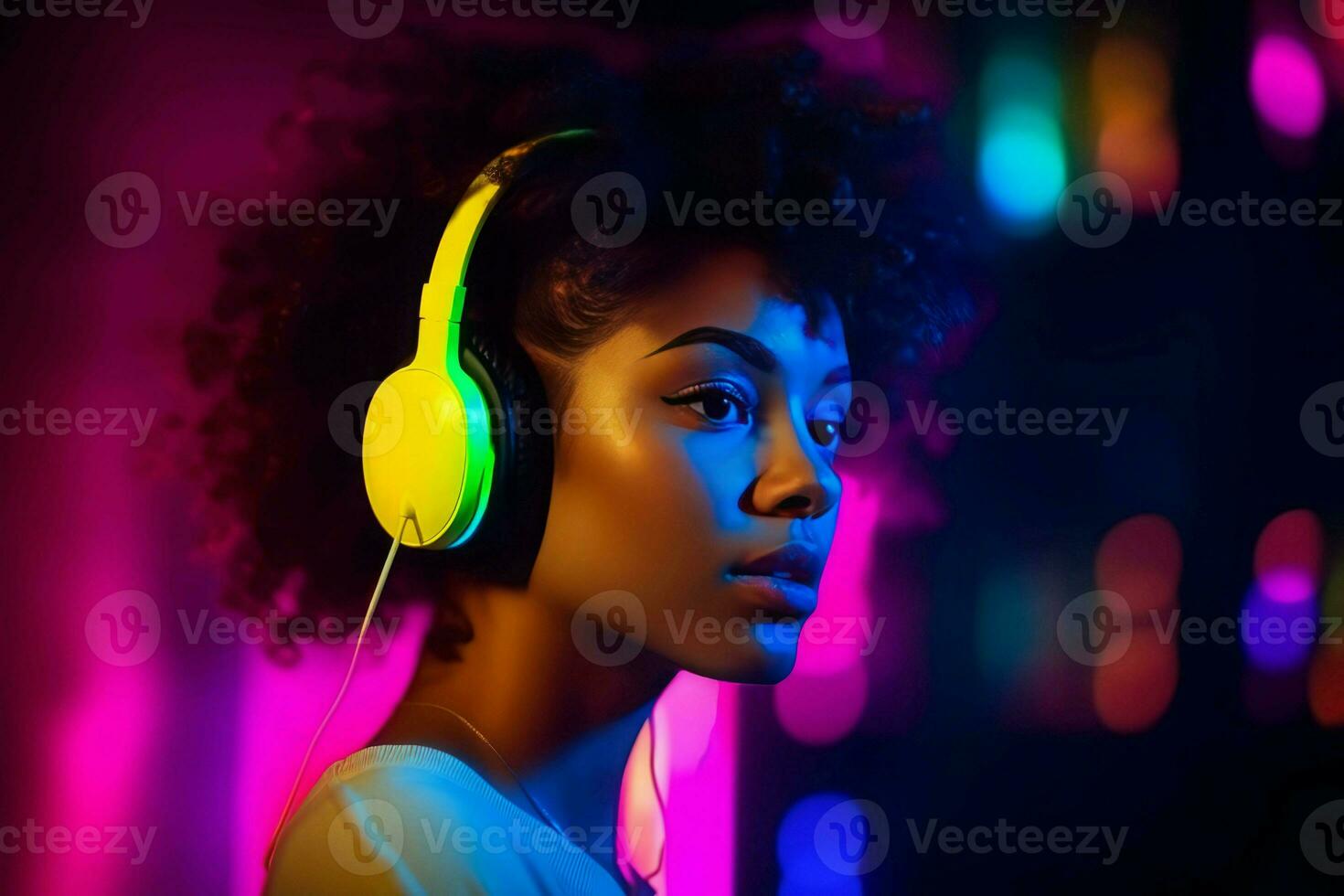 Black woman neon headphones. Generate Ai photo