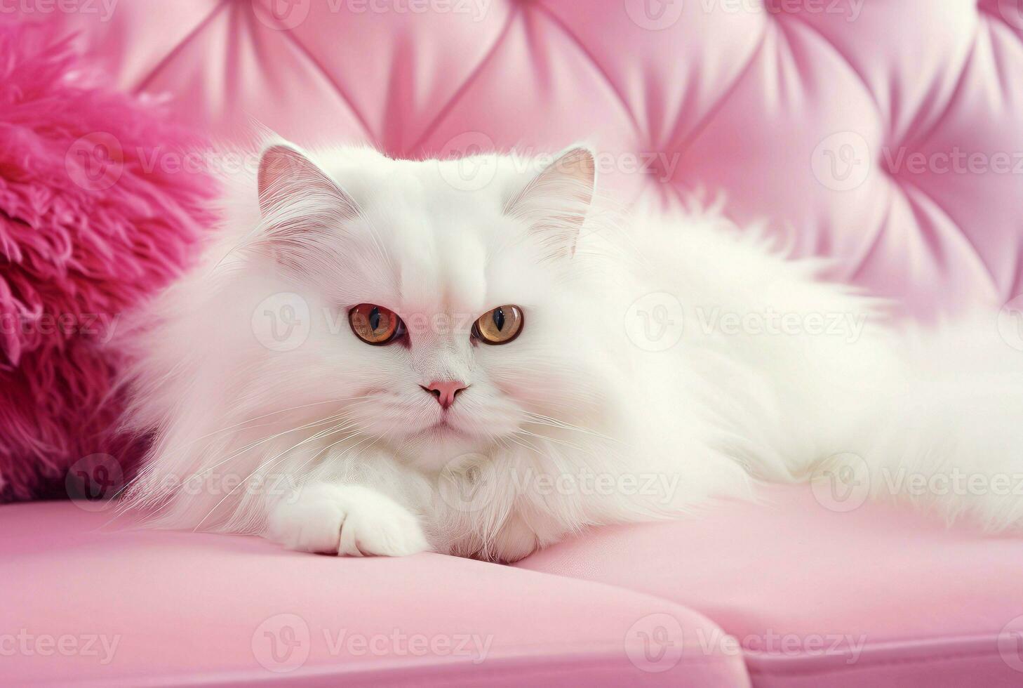 White cat pink sofa. Generate Ai photo