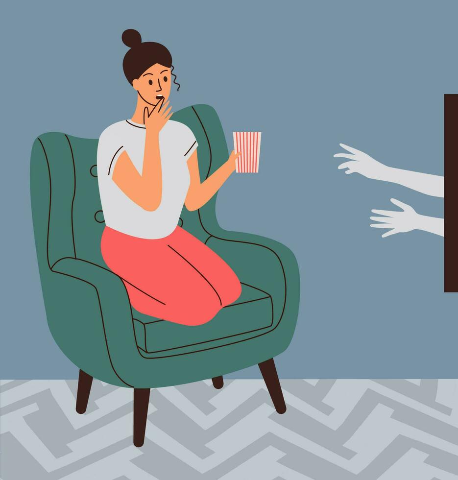 Horror themed scene. Ghost concept. Woman sitting in chair in front TV gets scared when sees hands reaching out from display. vector