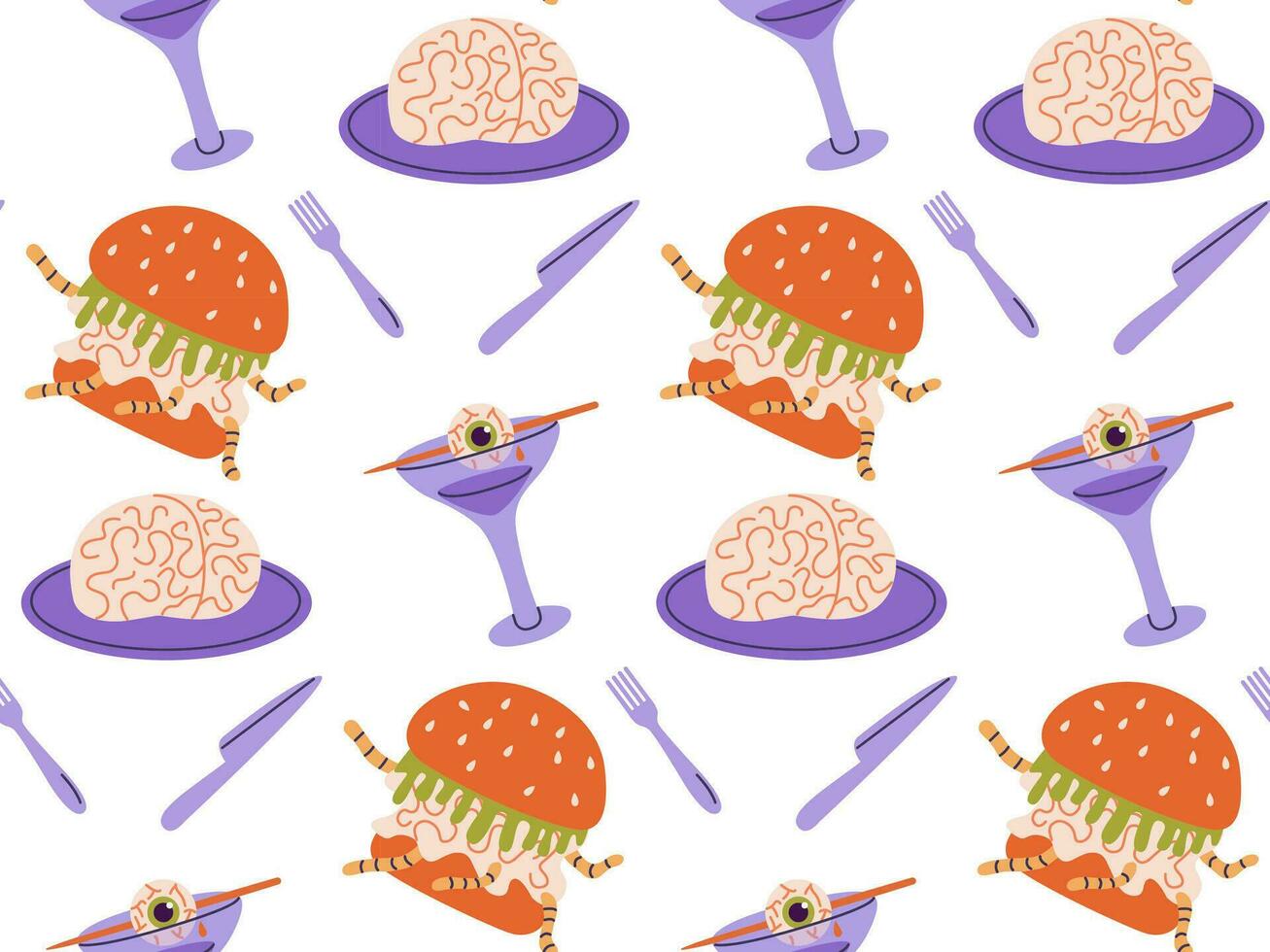 Seamless pattern of dishes for Halloween, weird food. Scary Halloween food of monster eyes, brains, worms. Flat vector illustration.