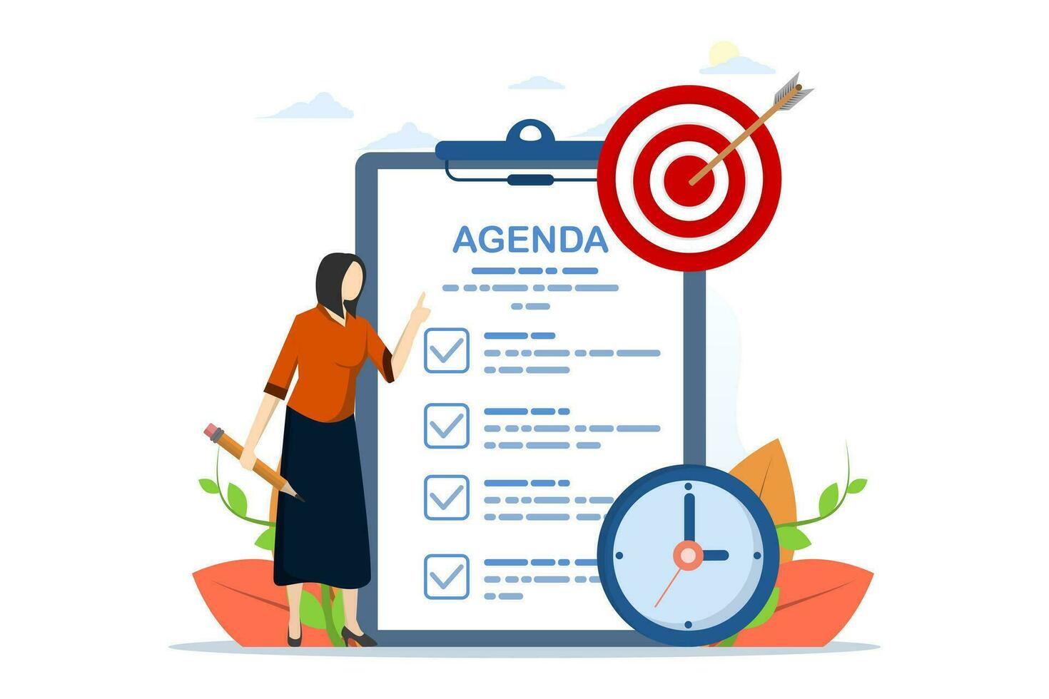meeting agenda concept, priority of important tasks to discuss, goals to be completed, planner or checklist for office work, smart business woman holding meeting agenda writing pencil with clock. vector