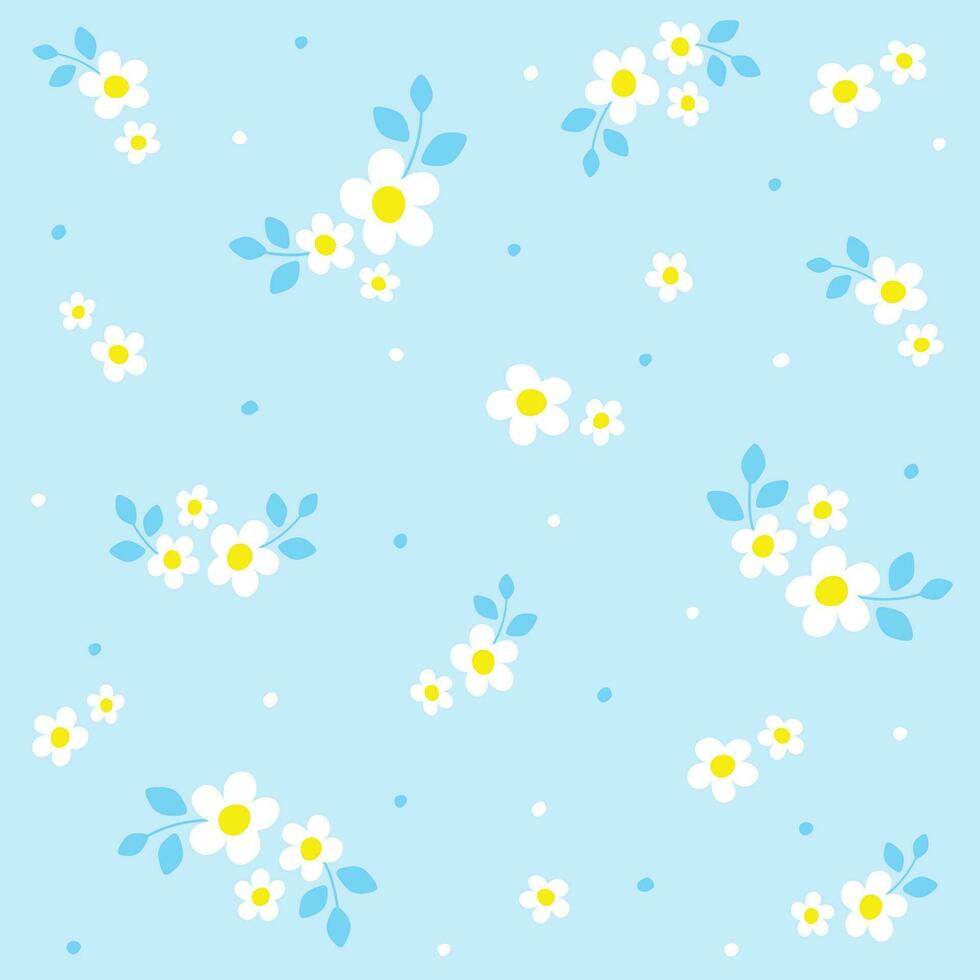 Cute Doodle White Daisy Chamomile Flower Element with Leaves Floral Ditsy Leaf Polkadot Dot Confetti. Abstract Organic Shape Hand Drawn Hand Drawing Cartoon. Color Seamless Pattern Blue Background. vector
