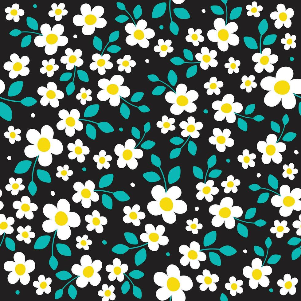 Cute Doodle White Daisy Chamomile Flower Element with Leaves Floral Ditsy Leaf Polkadot Dot Confetti. Abstract Organic Shape Hand Drawn Hand Drawing Cartoon. Color Seamless Pattern Black Background. vector