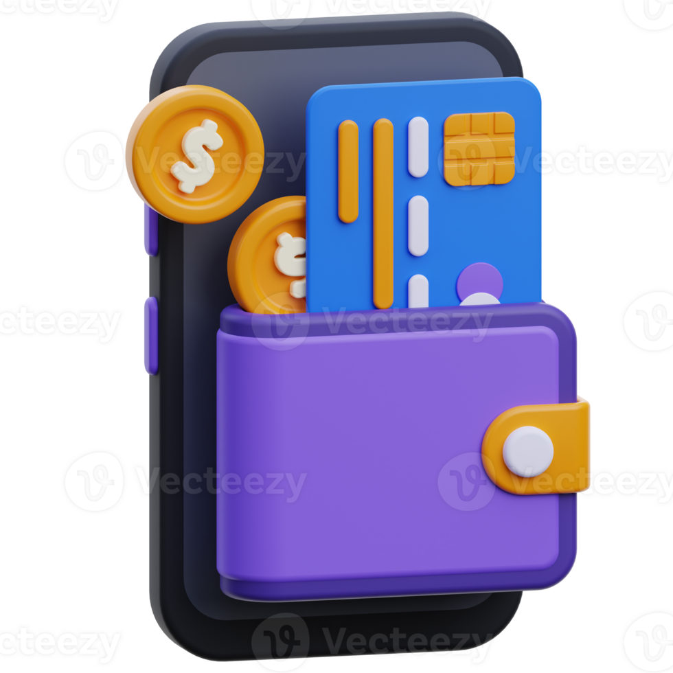 3D mobile phone with wallet and credit card. Mobile phone and wallet with money 3d render. Internet banking 3d concept. 3D Phone with credit card and coin. Online payment concept. png