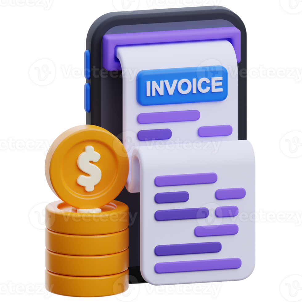 Vibrant digital invoice 3D icon showcasing financial technology concept on mobile phone, adorned with dollar coin and receipt for dynamic finance illustration png