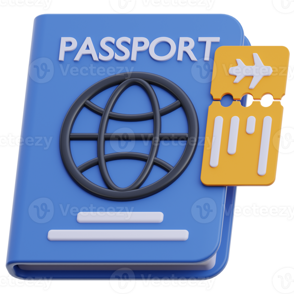 3d passer document illustration. 3d billet document illustration. passeport et billet 3d icône. 3d icône passeport et billet rendu png