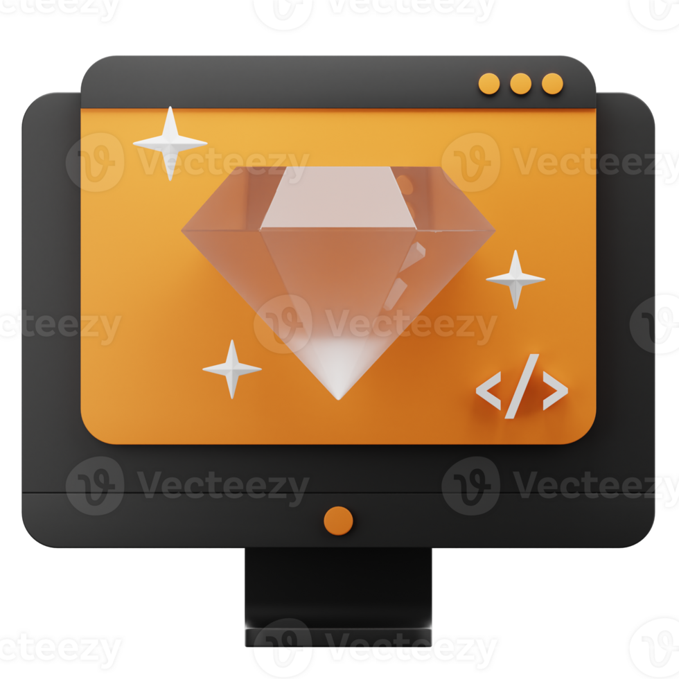 monitor with diamond 3d icon render. web diamond 3d icon rendering illustration in black and orange color. png