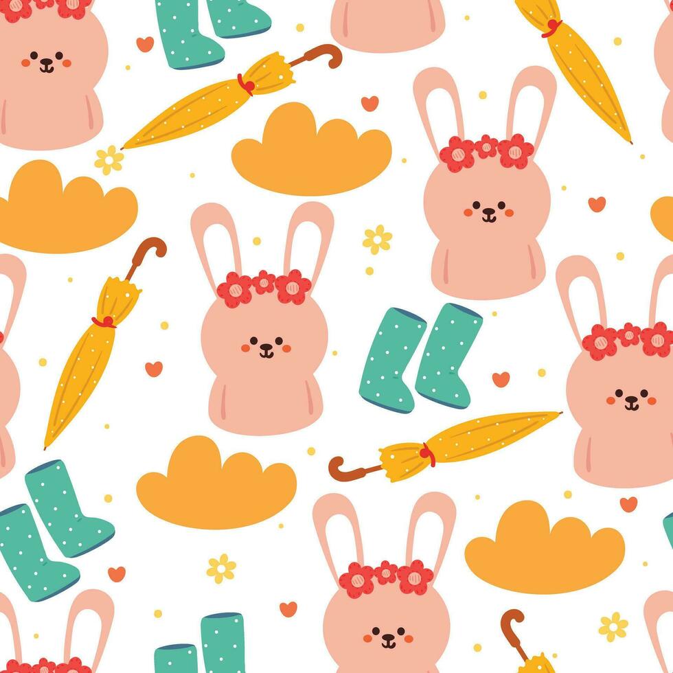 seamless pattern cartoon bunny, umbrella and rainy season vibes element. cute wallpaper for fabric design, flat design, gift wrap paper vector