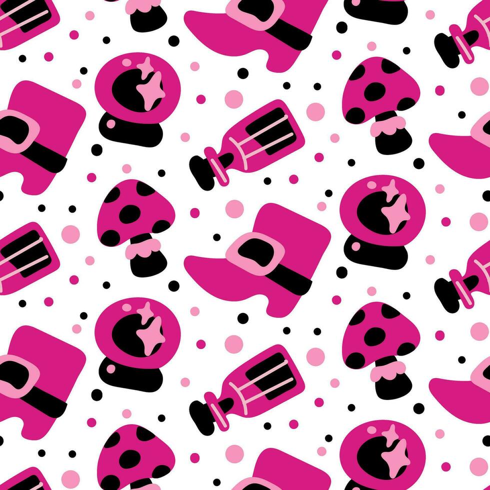 Seamless pattern in pink and black for Halloween. Witch, shoe, glass ball, poison, fly agaric on a white background vector illustration in cartoon style. Festive packaging, party texture, textiles