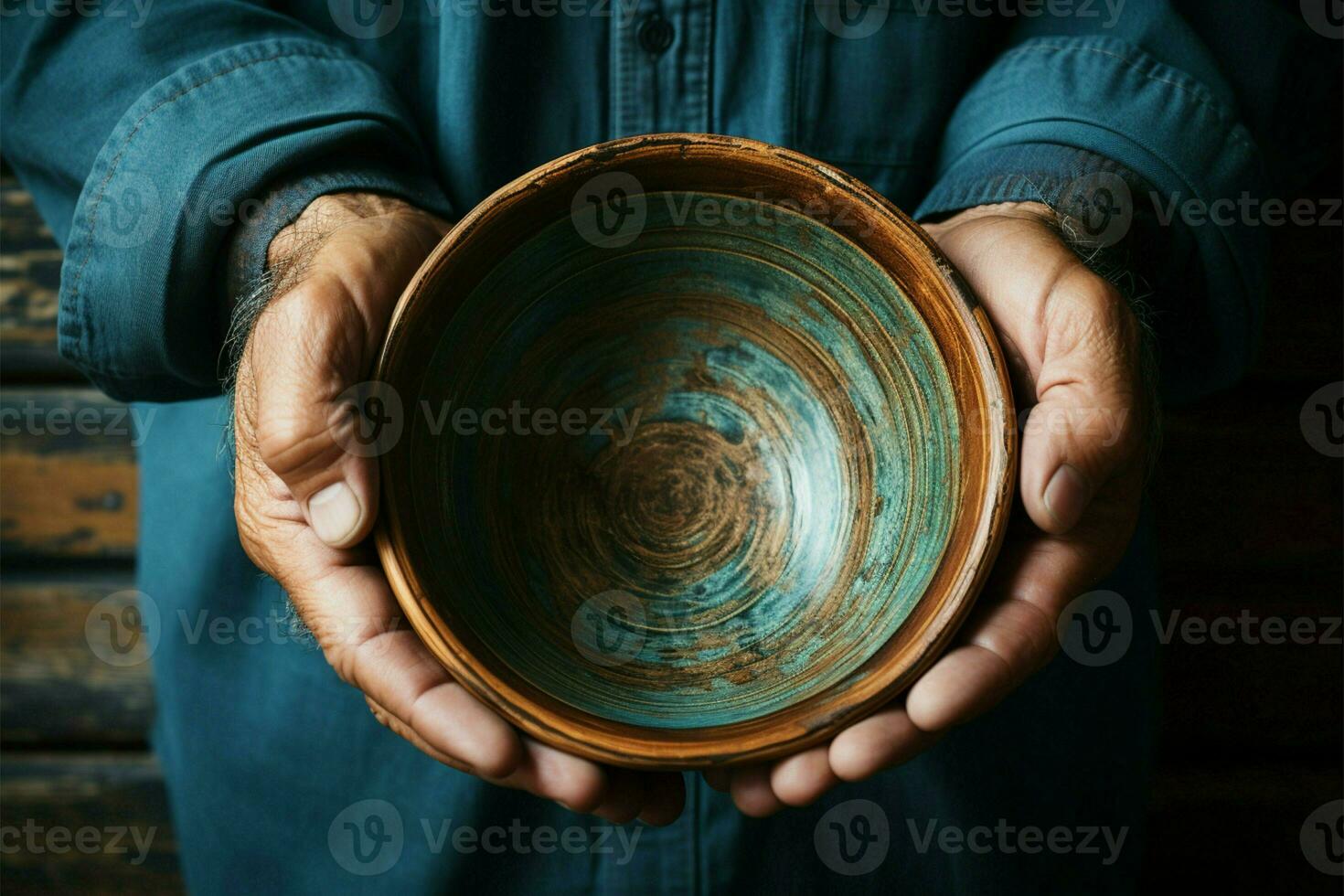 Weathered hands, empty bowl on wood backdrop, evoke the harshness of hunger AI Generated photo