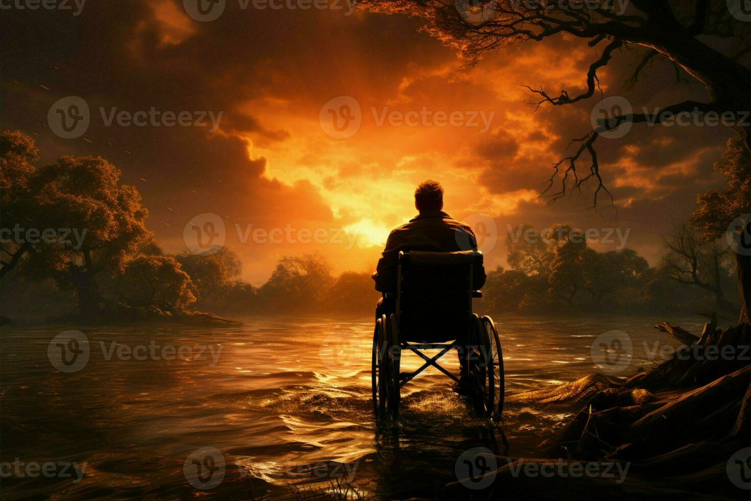 Sunset backdrop showcases wheelchair silhouette, embodying strength in adversity and resilience AI Generated photo