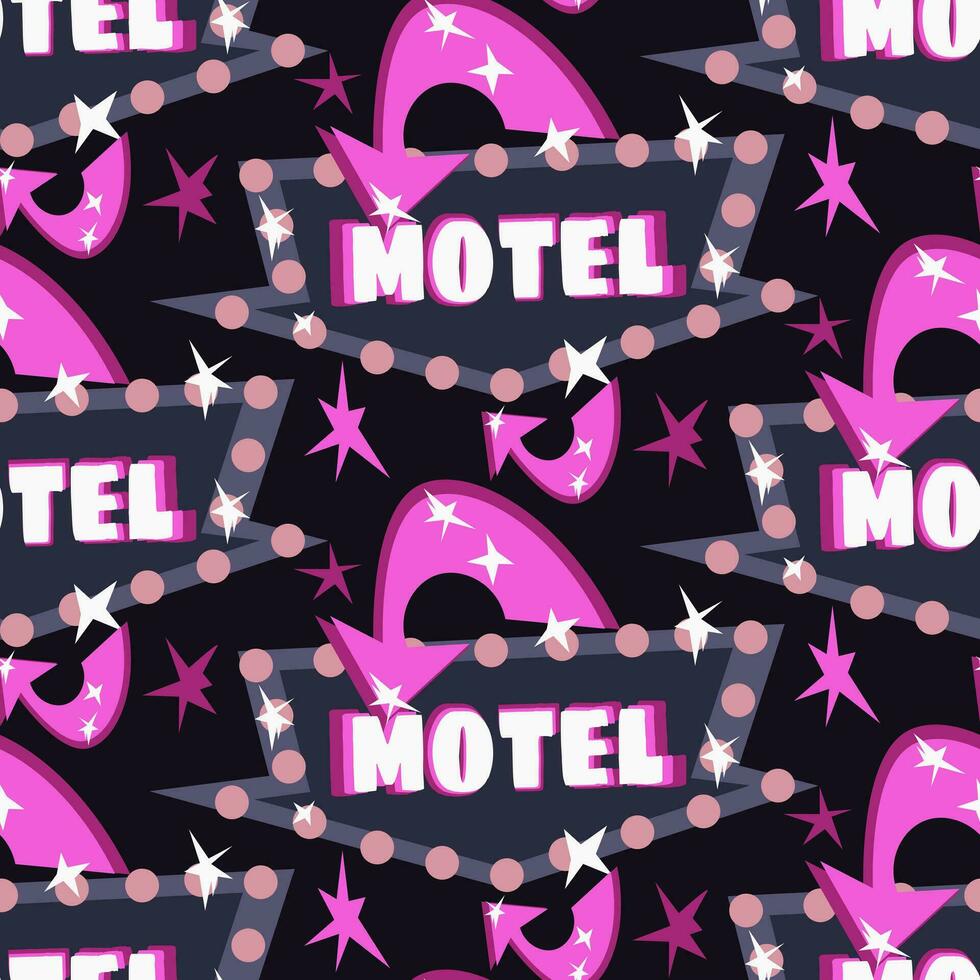 The pattern is a motel sign with a pink arrow at night. A glowing sign on a dark background with glare from electric bulbs. Repeating seamless background with directions vector