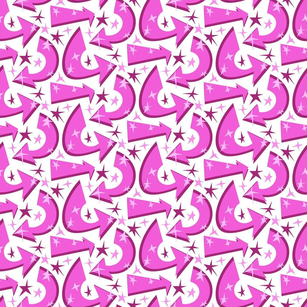 A pattern with pink arrows and glowing stars like highlights. The direction of the arrows is chaotic, looking in different directions. Repeating seamless background with directions vector