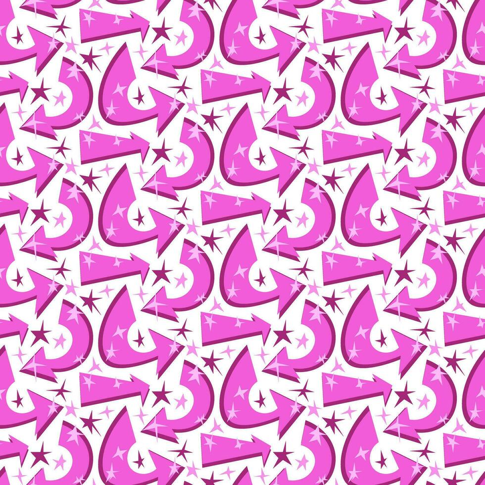 A pattern with pink arrows and glowing stars like highlights. The direction of the arrows is chaotic, looking in different directions. Repeating seamless background with directions vector