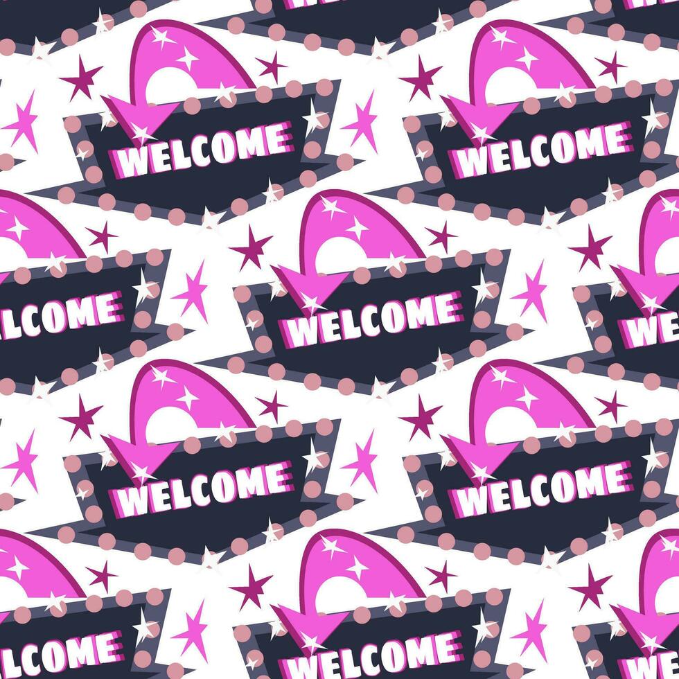 The pattern is a signboard from the hotel with a pink arrow, a greeting and an invitation. A luminous sign on a white background with glare from electric bulbs. Repeating seamless with directions vector