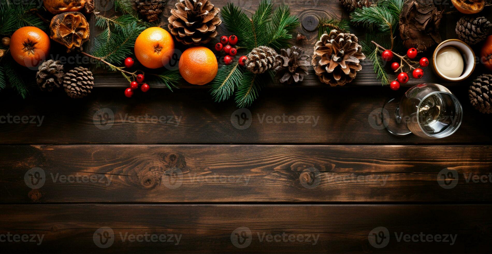 Festive New Year decorations, Christmas wooden background, advertising template - AI generated image photo