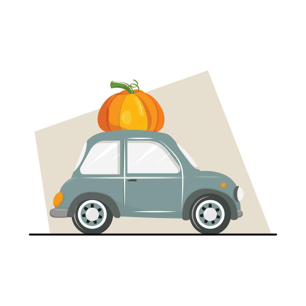 Cartoon illustration of a grey car and pumpkin on top vector