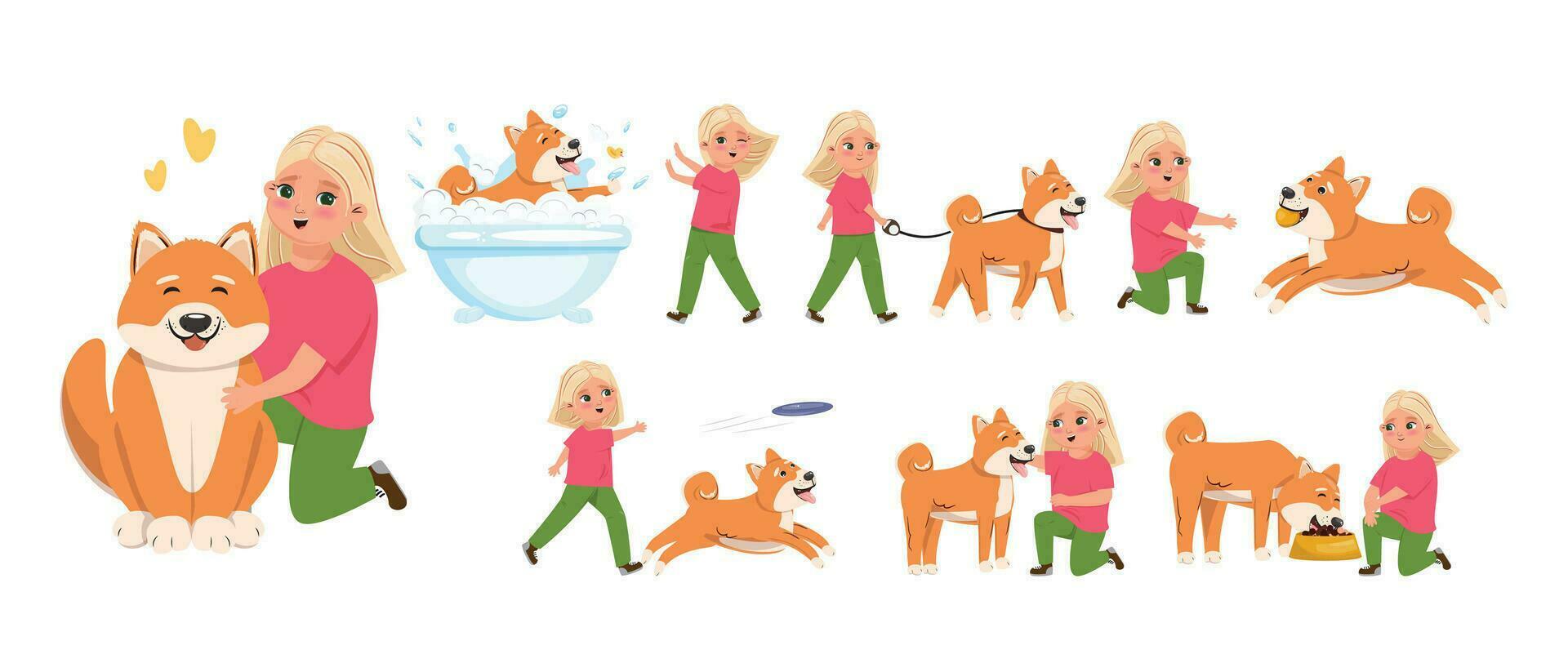 Girl and dog set. Leisure activities with a dog vector