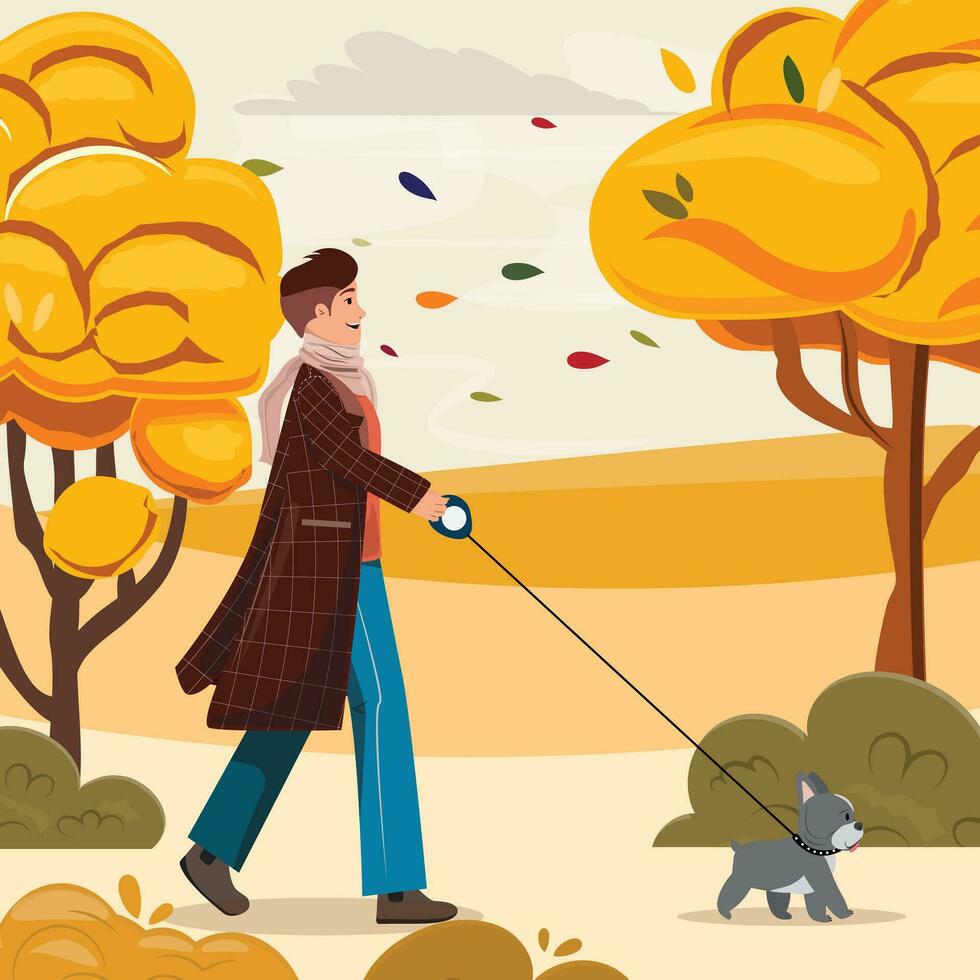 Man walking with a dog in autumn. Autumn leisure activities with a dog vector