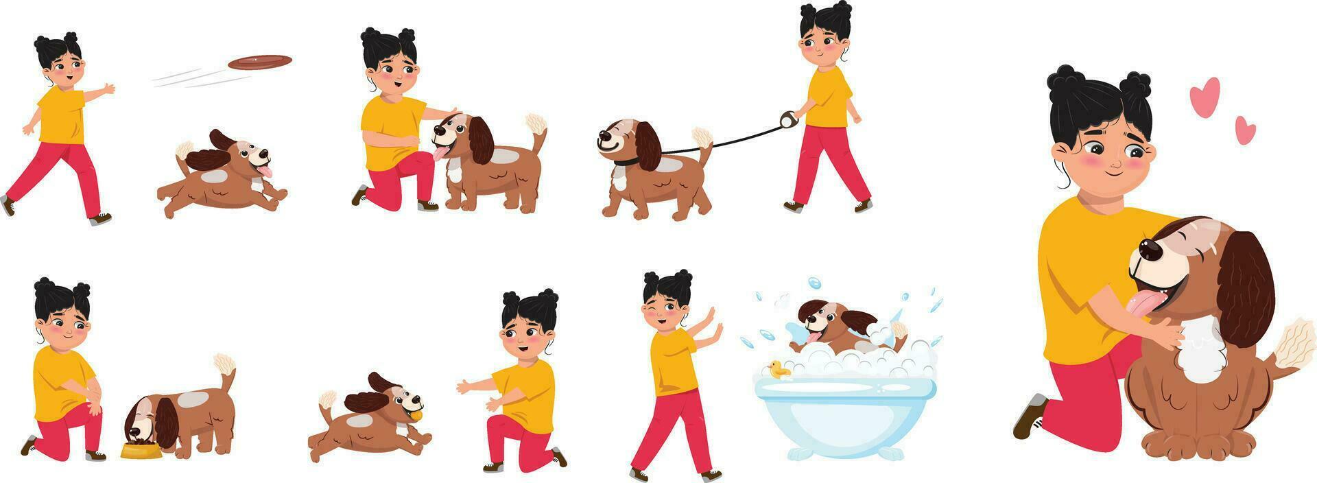 Set of illustrations with a girl and dog.  Friendship between people and animals vector