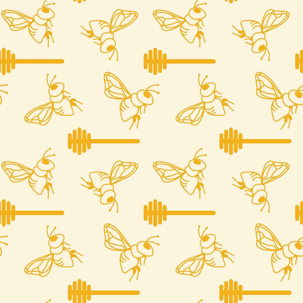 Yellow bee and honey spoon background. Honey, beekeeping, beehive concept. vector