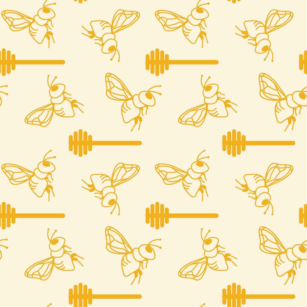 Yellow bee and honey spoon background. Honey, beekeeping, beehive concept. vector