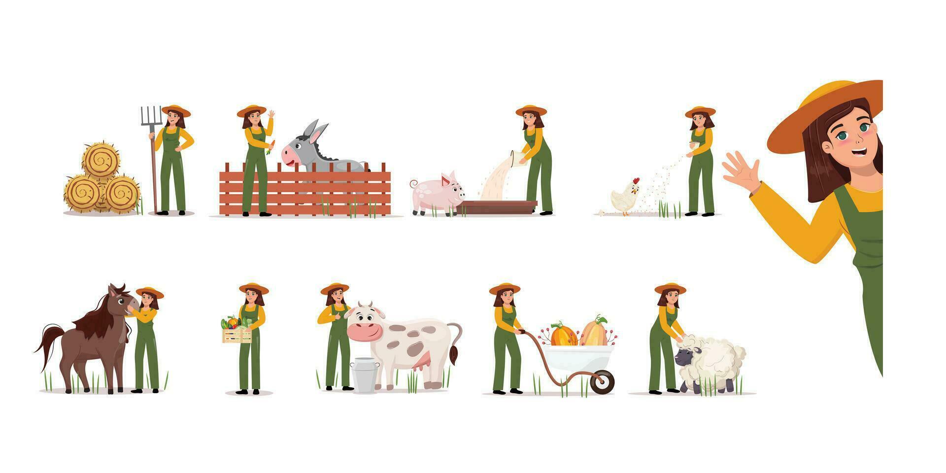 Female farmer character in green overall set vector