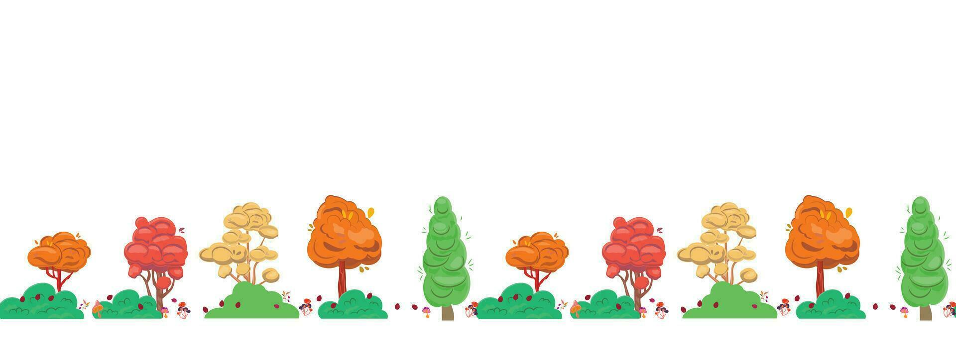 Horizontal seamless pattern with trees, bushes, berries and mushrooms. For textile, packaging, paper, banners vector