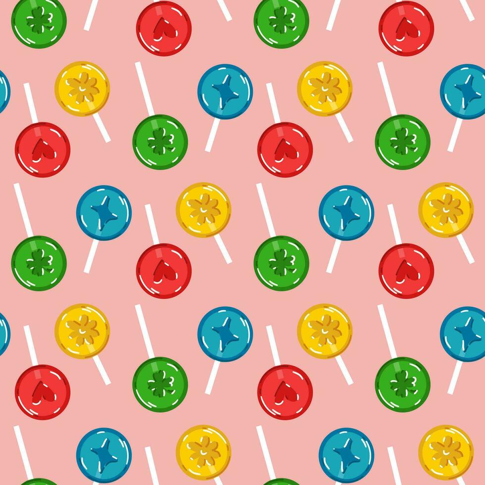 Seamless lollipop pattern on a candy stick, hand-drawn vector illustration with flat colored candies. Sweets with different images and flavors Lemon, cherry, apple, blueberry on pink background