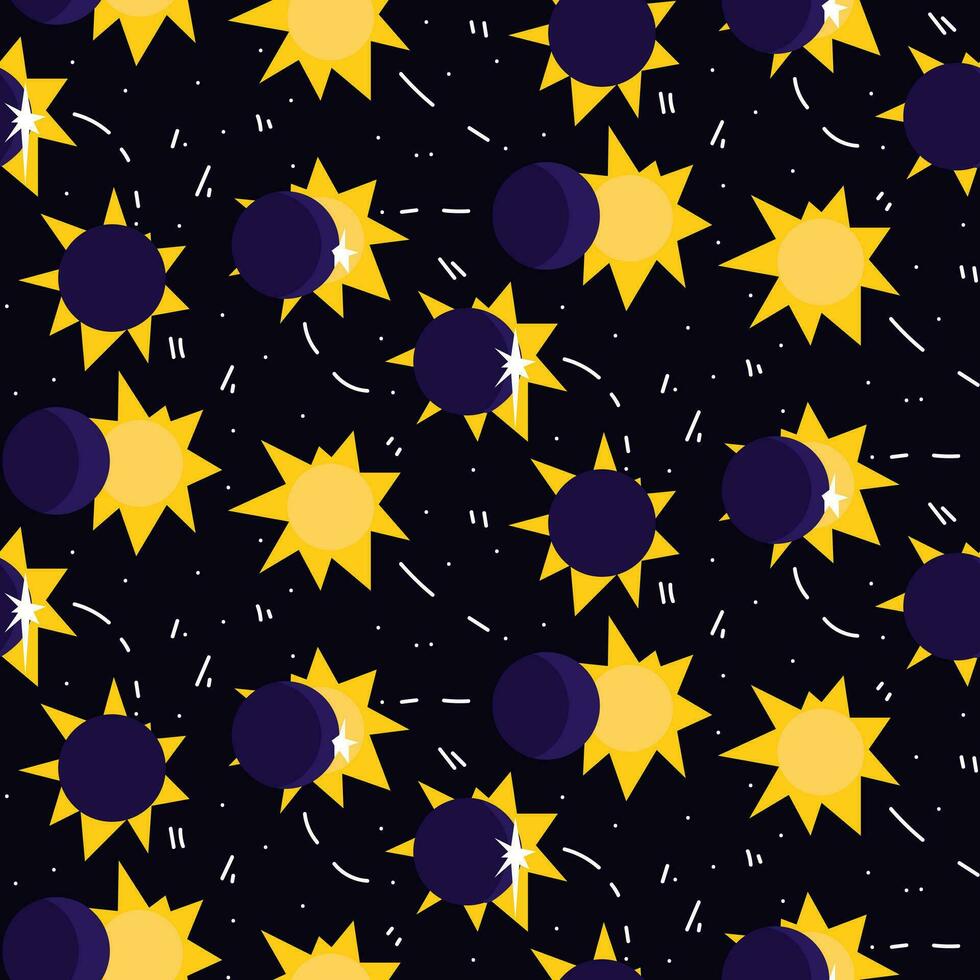 Vector seamless pattern of the Moon and the sun black background of the night sky with different phases of the sun during an eclipse, cartoon illustration. Printing on textiles, packaging for children