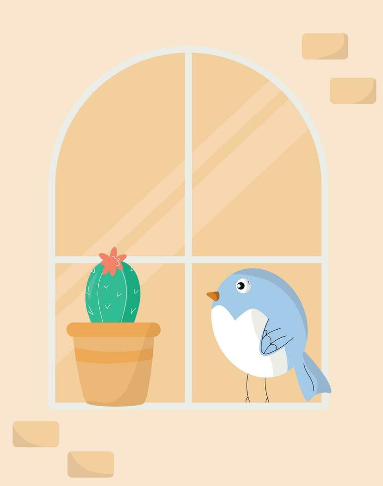 un azul pájaro y cactus en un ventana vector