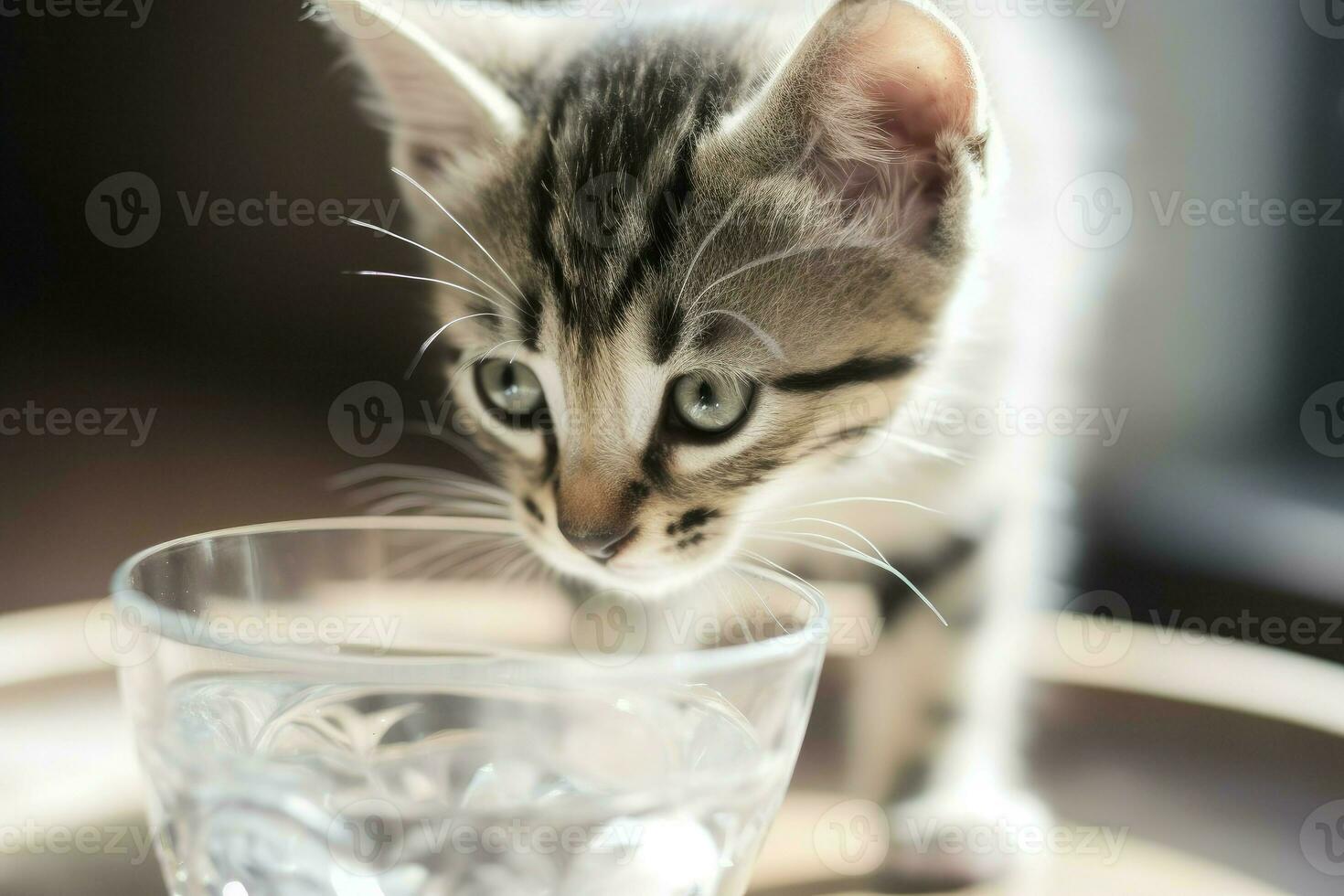 Kitten drinking water glass. Generate Ai photo