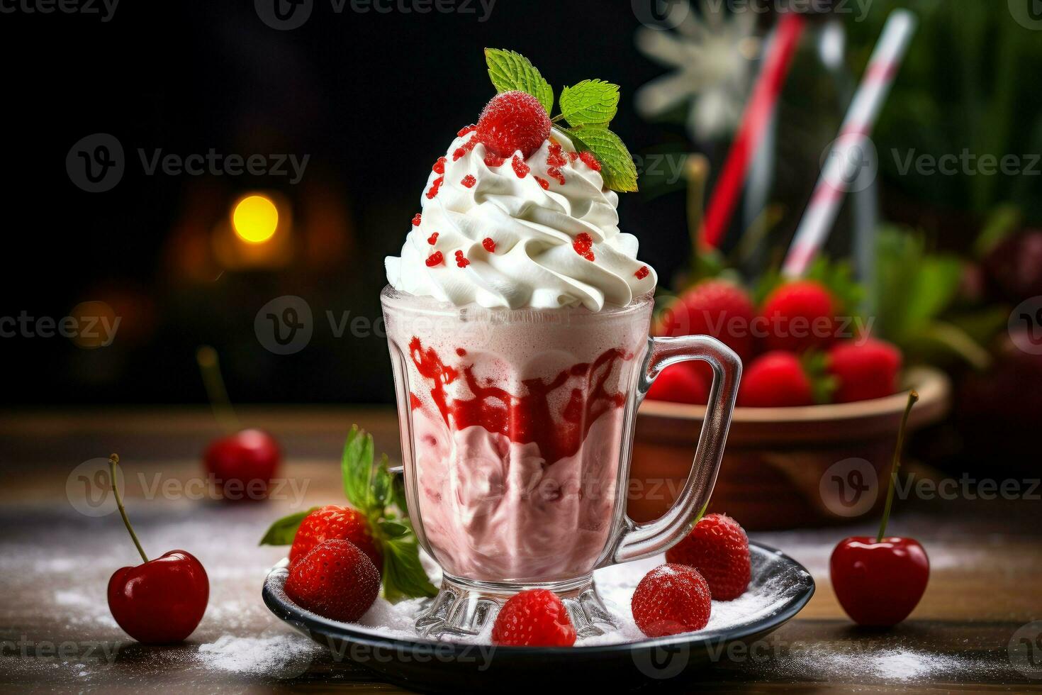 Strawberry shake cream glass. Generate Ai photo